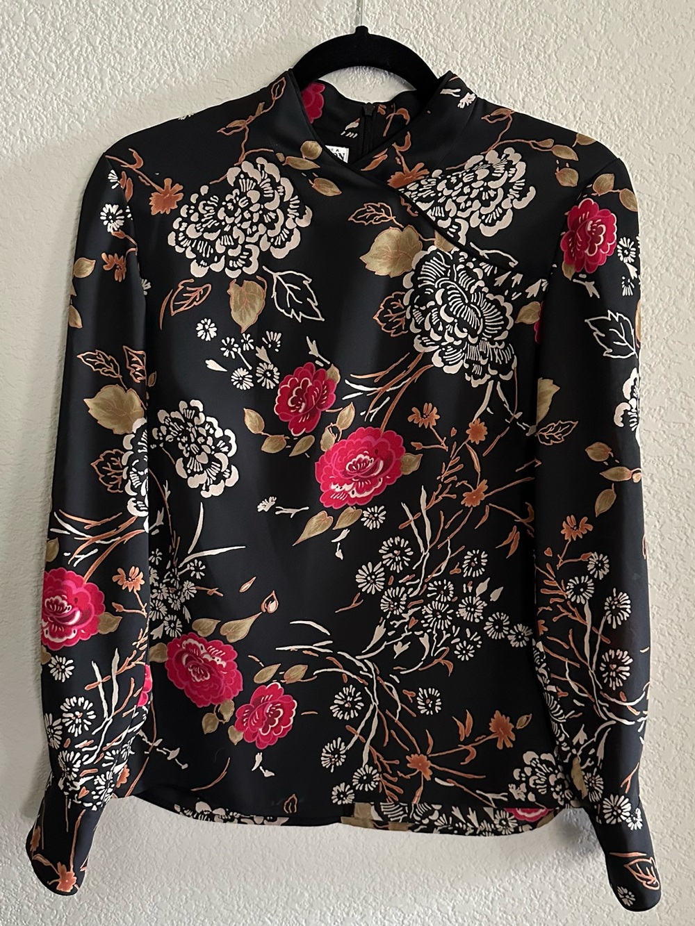 Pendleton Black Mock-Neck Blouse with Pink & Gold Floral Print